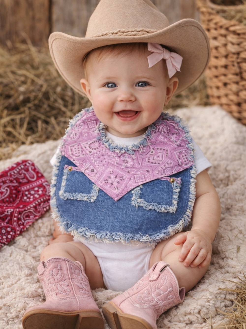 Western Baby Cowgirl Denim Bandana Bib Set / Rodeo Outfit Photo Prop”